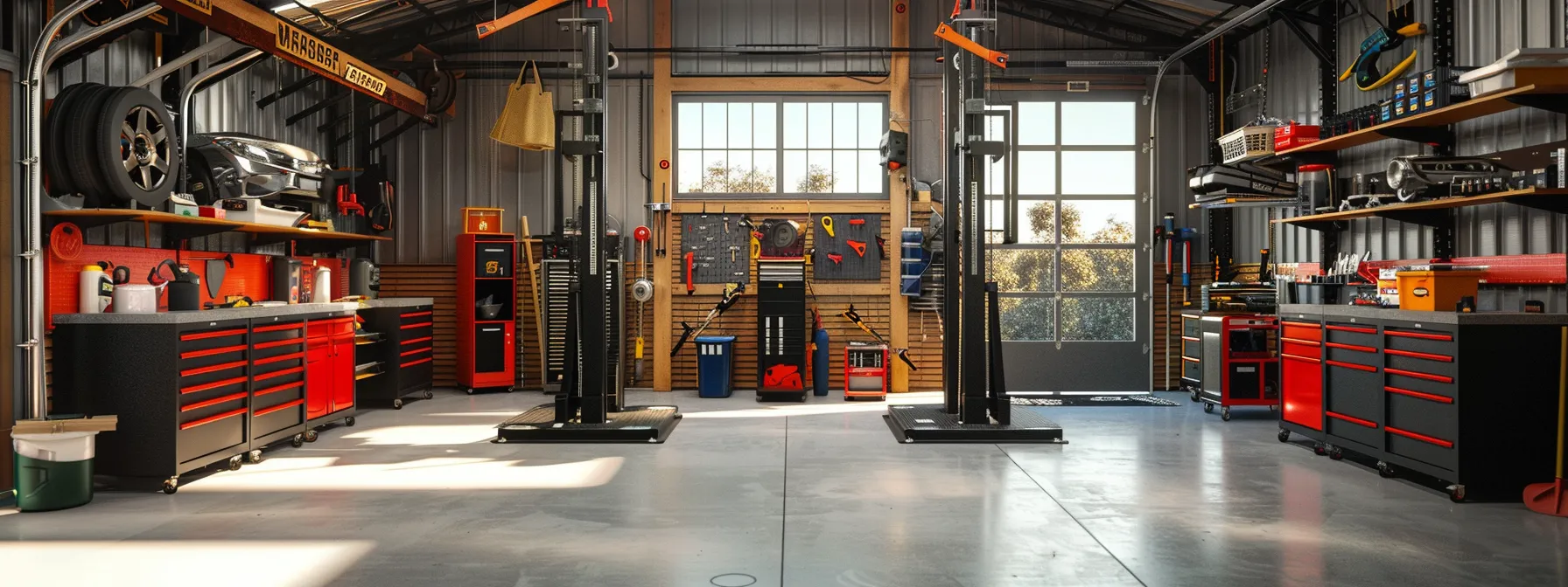 a sleek, well-equipped home garage showcases a robust two-post automotive lift in action, highlighting its efficient design and spacious layout against a backdrop of organized tools and vehicle repair accessories.