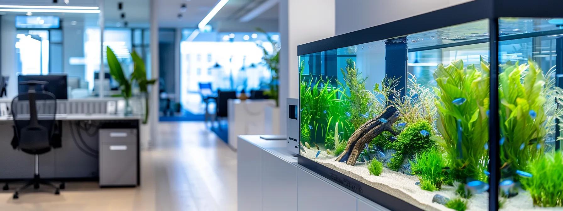 a sleek, well-equipped freshwater aquarium is prominently displayed in a modern office setting, showcasing vibrant fish gliding through crystal-clear water, with advanced filtration, precise heating elements, and strategically placed led lighting enhancing the aquatic environment. a sleek, well-equipped freshwater aquarium is prominently displayed in a modern office setting, showcasing vibrant fish gliding through crystal-clear water, with advanced filtration, precise heating elements, and strategically placed led lighting enhancing the aquatic environment.