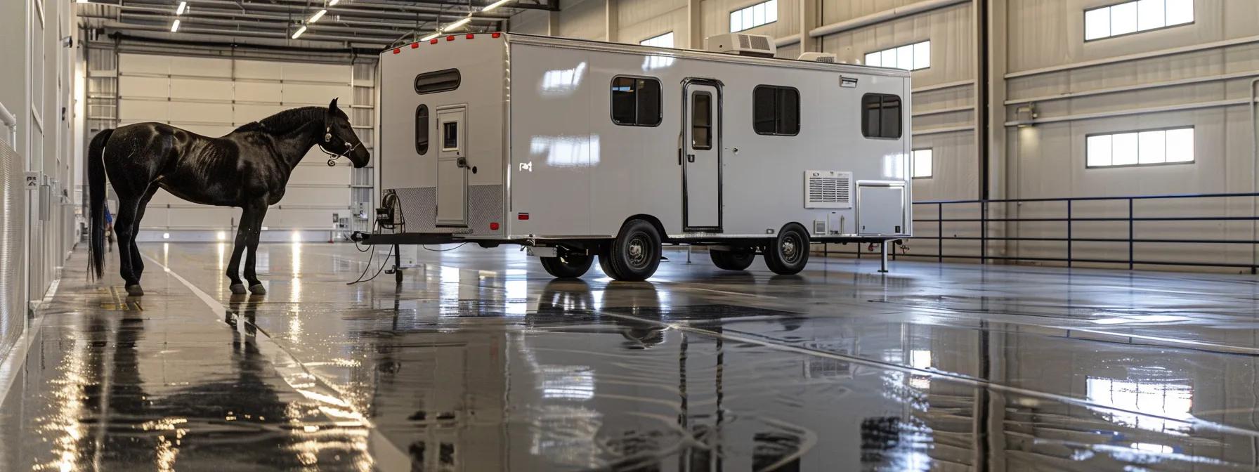 a sleek, well-maintained bumper pull horse trailer stands prominently in a well-lit, modern rental facility, with a majestic horse comfortably positioned beside it, embodying the professionalism and cleanliness that customers rave about in their testimonials.