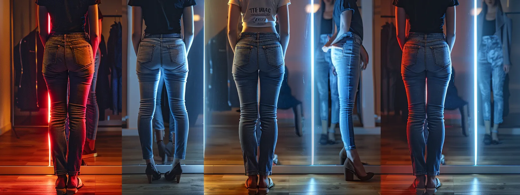 a slim figure standing in front of a mirror, trying on different pairs of perfectly stacked jeans to emphasize the ideal cut and fabric for their body type. a slim figure standing in front of a mirror, trying on different pairs of perfectly stacked jeans to emphasize the ideal cut and fabric for their body type.