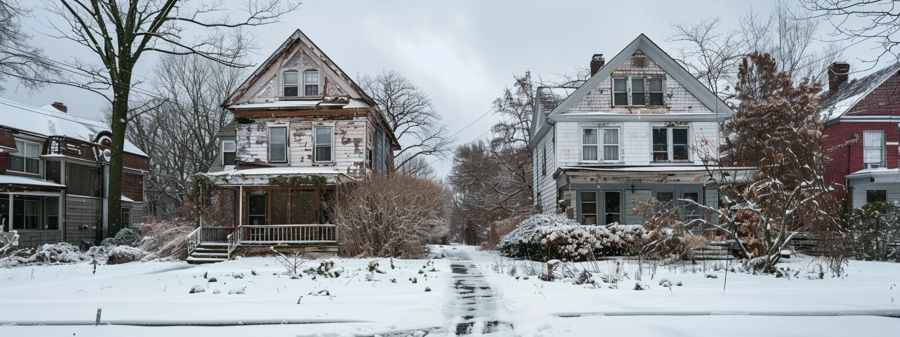 a snowy cleveland house covered in grime and stains, contrasting with a clean, freshly washed section, showcasing the importance of winter house washing. a snowy cleveland house covered in grime and stains, contrasting with a clean, freshly washed section, showcasing the importance of winter house washing.