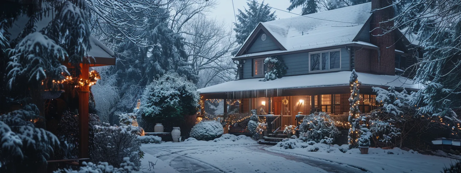 a snowy winter scene with a cozy home surrounded by protected plants and secure outdoor fixtures, ready for a thorough house wash. a snowy winter scene with a cozy home surrounded by protected plants and secure outdoor fixtures, ready for a thorough house wash.