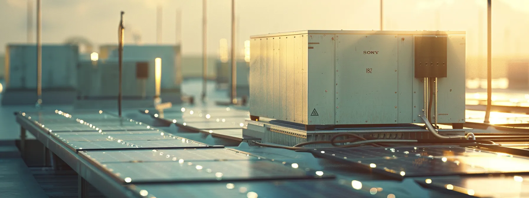 a solar inverter converting sunlight into energy with batteries for storage and solar panels mounted on rooftops for maximum exposure. a solar inverter converting sunlight into energy with batteries for storage and solar panels mounted on rooftops for maximum exposure.