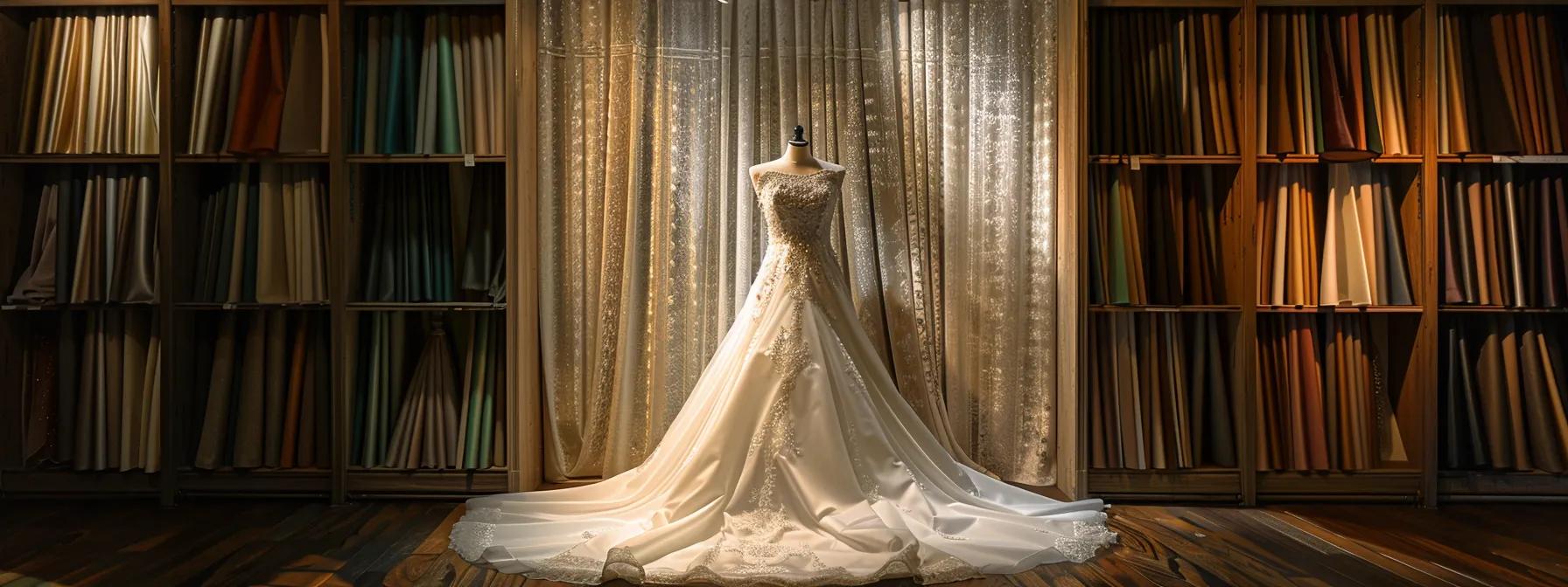 a sophisticated bridal fitting room scene showcasing a plus-size modest wedding dress on a mannequin, featuring an elegantly draped gown made of luxurious fabric, surrounded by swatches of textures and colors, all under soft, focused lighting that highlights the intricate details and flattering silhouette. a sophisticated bridal fitting room scene showcasing a plus-size modest wedding dress on a mannequin, featuring an elegantly draped gown made of luxurious fabric, surrounded by swatches of textures and colors, all under soft, focused lighting that highlights the intricate details and flattering silhouette.
