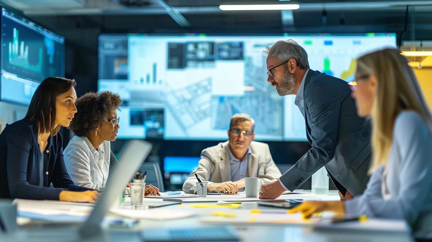 a sophisticated conference room setting showcases a diverse group of professionals engaged in an animated discussion over detailed blueprints, illuminated by sleek overhead lighting that emphasizes their focused expressions and collaborative spirit.