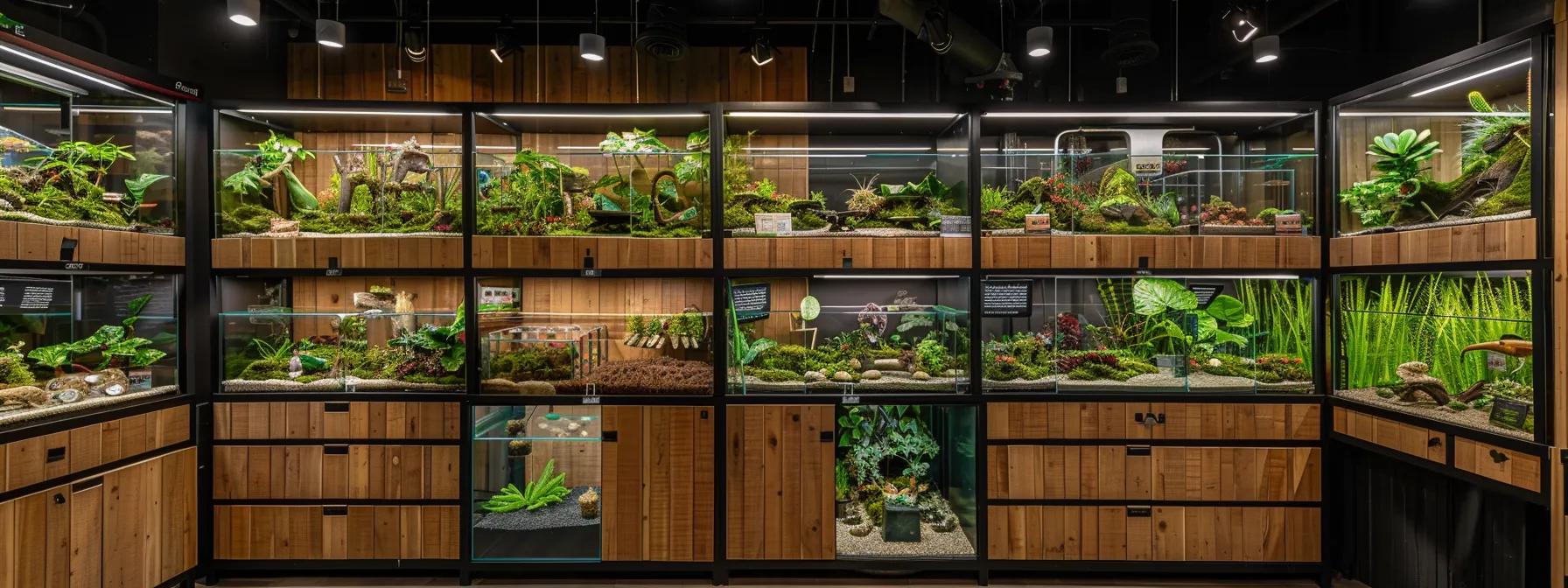 a sophisticated indoor pet shop displays a range of sleek glass terrariums, durable pvc enclosures, and elegant wooden vivariums, each meticulously arranged to showcase their unique designs and features for supporting healthy reptile habitats. a sophisticated indoor pet shop displays a range of sleek glass terrariums, durable pvc enclosures, and elegant wooden vivariums, each meticulously arranged to showcase their unique designs and features for supporting healthy reptile habitats.