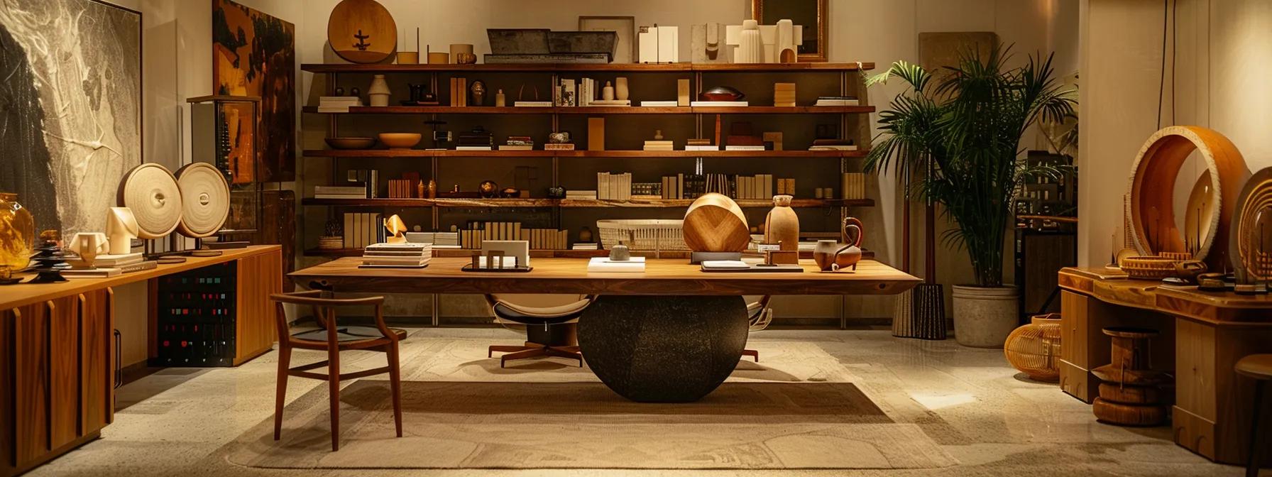 a sophisticated interior designer’s studio features an array of meticulously crafted custom furniture pieces, showcasing rich materials and elegant finishes under warm, ambient lighting that highlights their timeless beauty.