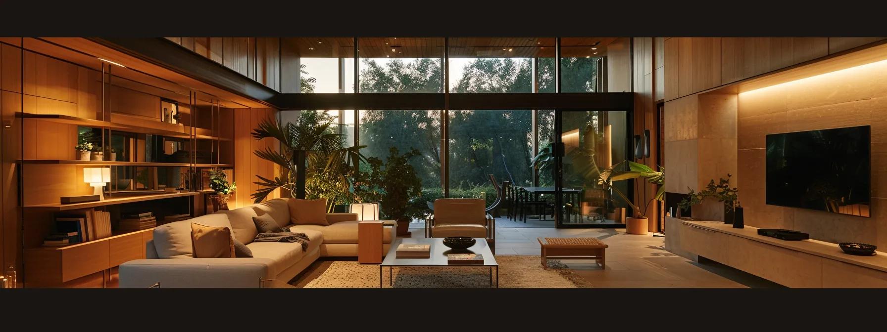 a sophisticated interior of a custom-designed sustainable home showcases sleek, modern furniture and eco-friendly materials, illuminated by warm, ambient lighting that highlights the unique architectural features tailored to individual lifestyles.