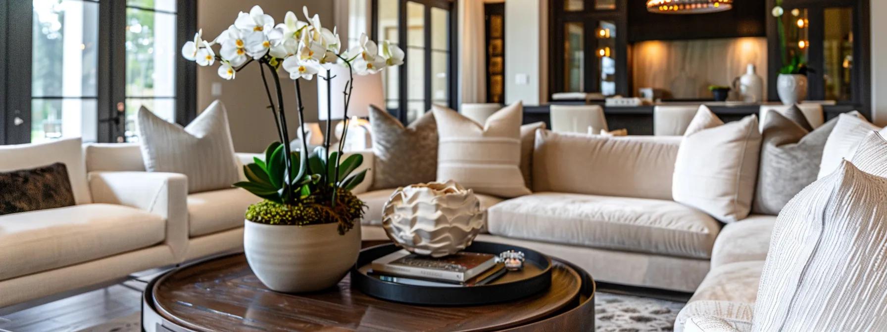 a sophisticated interior of a modern johns creek home showcases elegant custom furniture with rich wood finishes and a soft color palette, exuding a timeless and upscale yet cozy atmosphere. a sophisticated interior of a modern johns creek home showcases elegant custom furniture with rich wood finishes and a soft color palette, exuding a timeless and upscale yet cozy atmosphere.