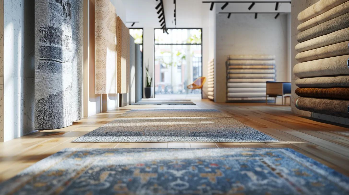 A Sophisticated Interior Office Space Showcases An Array Of Luxurious Carpet Samples In Various Textures And Colors, Artfully Displayed On A Polished Wooden Floor With Stylish Modern Furniture Accentuating The Ambiance. a sophisticated interior office space showcases an array of luxurious carpet samples in various textures and colors, artfully displayed on a polished wooden floor with stylish modern furniture accentuating the ambiance.