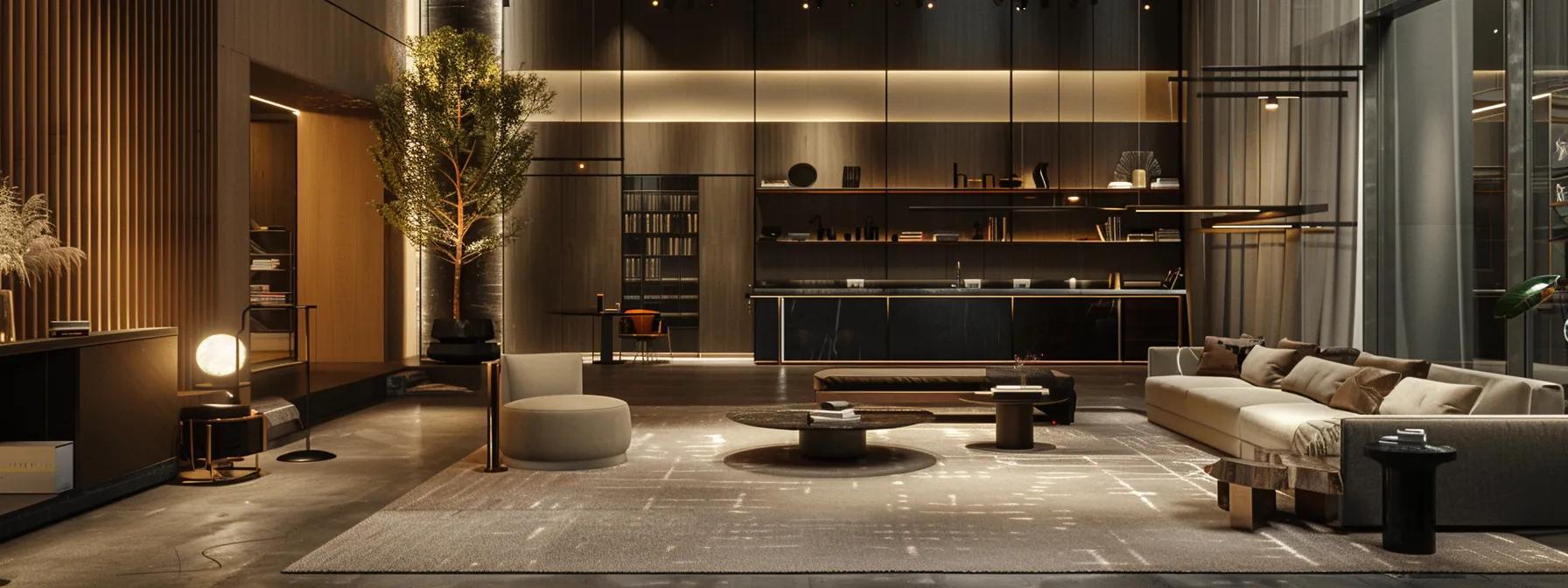 a sophisticated interior room featuring an array of meticulously crafted, long-lasting furniture pieces made from premium materials, illuminated by soft, modern lighting that highlights their elegant designs and textures.