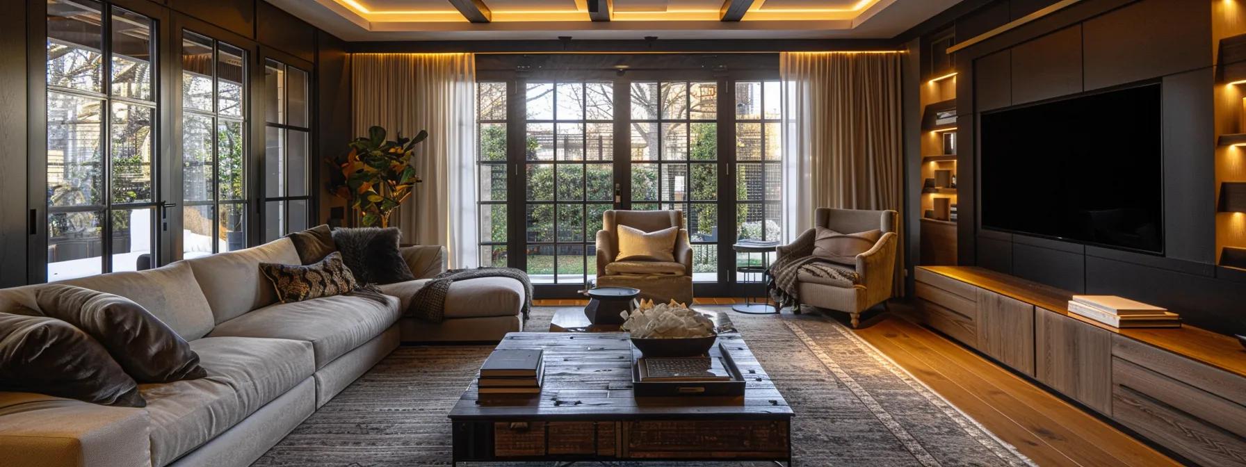 a sophisticated interior shot of a stylish living room featuring expertly crafted custom furniture from basilica furniture, showcasing rich textures and finishes, illuminated by warm artificial light that highlights the craftsmanship and inviting atmosphere.