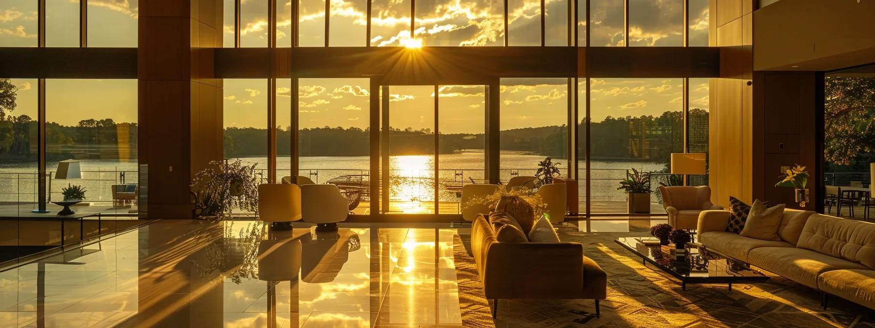 a sophisticated interior showcasing basilica furniture, with expansive floor-to-ceiling windows framing a stunning view of lake lanier, bathed in warm golden light, emphasizing the seamless integration of custom furniture designs and breathtaking scenery. a sophisticated interior showcasing basilica furniture, with expansive floor-to-ceiling windows framing a stunning view of lake lanier, bathed in warm golden light, emphasizing the seamless integration of custom furniture designs and breathtaking scenery.