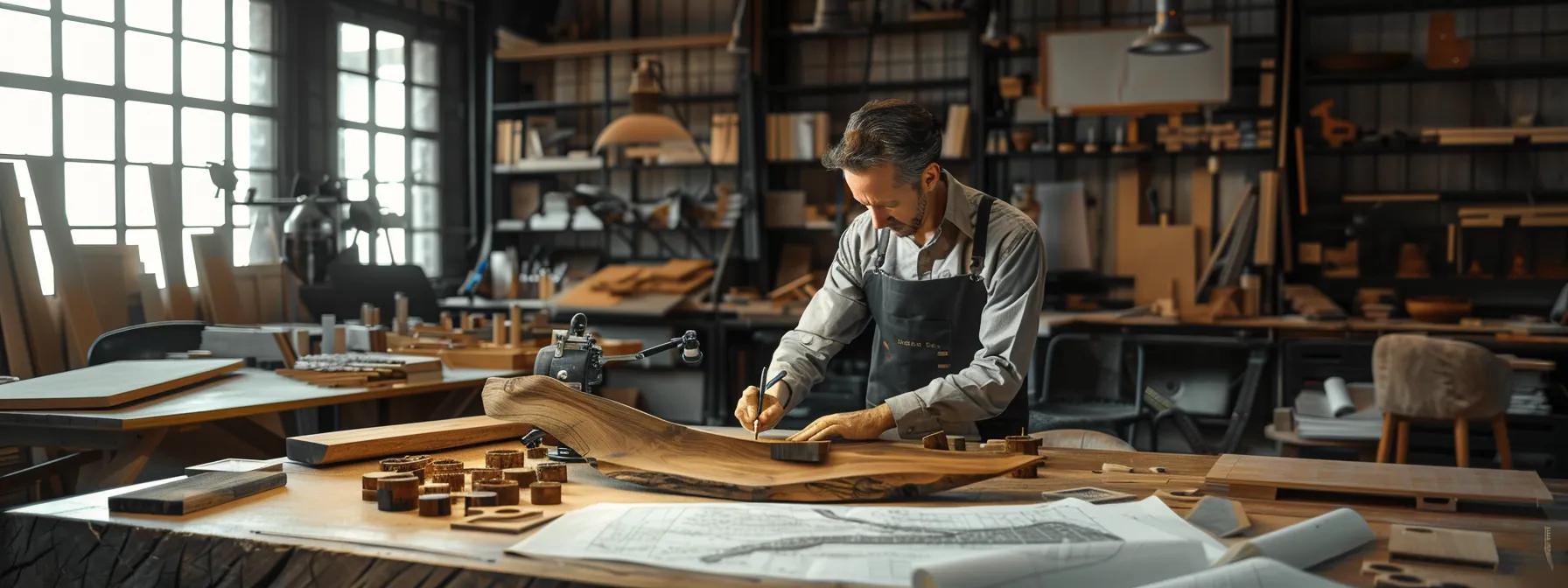 a sophisticated interior workshop showcases a master craftsman meticulously crafting a stunning custom wooden furniture piece from rich chocolate wood, surrounded by an array of wood samples and design sketches under warm, focused lighting.