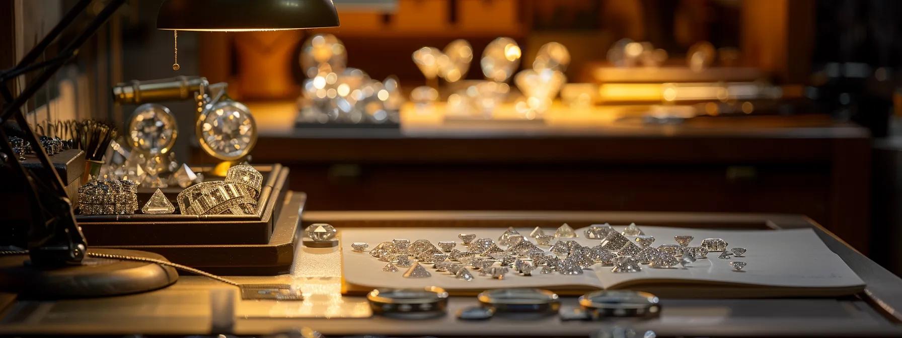 a sophisticated jeweler's workstation, illuminated by soft, focused lighting, showcases a stunning array of meticulously cut diamonds, each sparkling with brilliance, while an open gemology book and a jeweler's loupe hint at the careful evaluation process behind selecting the perfect diamond cut. a sophisticated jeweler's workstation, illuminated by soft, focused lighting, showcases a stunning array of meticulously cut diamonds, each sparkling with brilliance, while an open gemology book and a jeweler's loupe hint at the careful evaluation process behind selecting the perfect diamond cut.