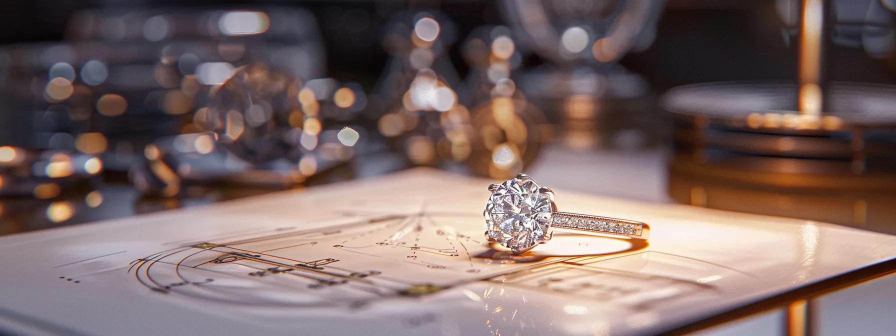a sophisticated jewelry studio showcasing a stunning diamond wedding ring under bright, focused lighting, with elegant design sketches and high-quality materials artfully arranged in the background.