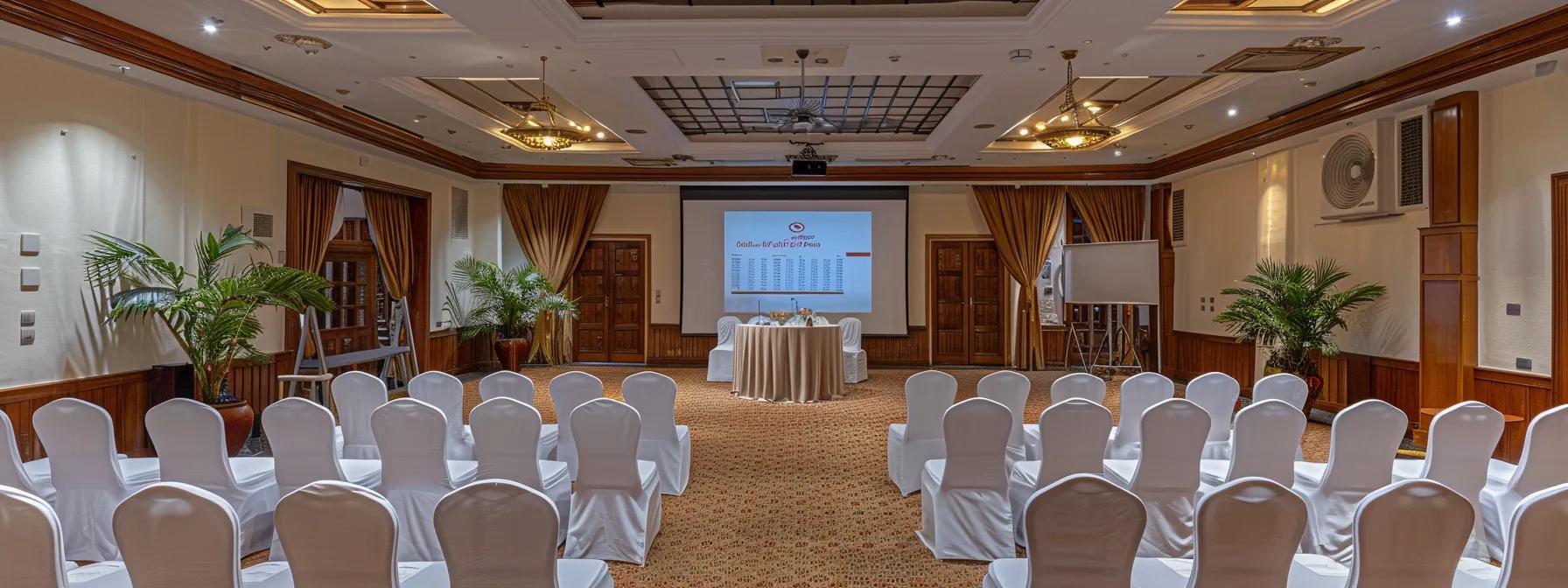 une salle de réunion sophistiquée, élégamment aménagée pour un événement professionnel, avec un tableau de budget visible sur une grande table, des chaises modernes et un éclairage tamisé accentuant une ambiance de concentration et de planification stratégique.