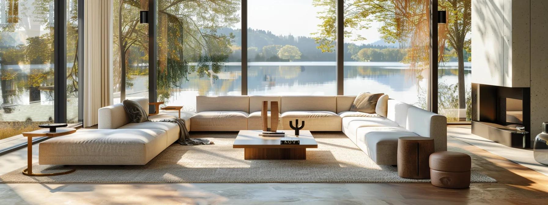 a sophisticated, modern living room featuring custom furniture that seamlessly blends elegant design with functional craftsmanship, all framed by large windows showcasing the tranquil lake view beyond. a sophisticated, modern living room featuring custom furniture that seamlessly blends elegant design with functional craftsmanship, all framed by large windows showcasing the tranquil lake view beyond.