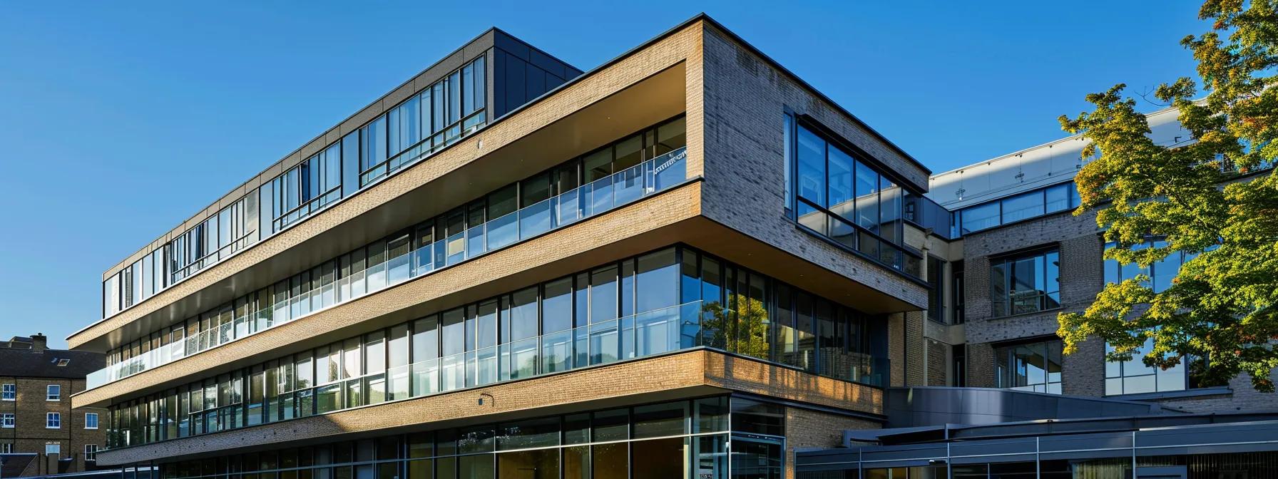 a sophisticated modern school building stands prominently against a backdrop of chiswick's historic architecture, showcasing the seamless integration of contemporary design with traditional urban elements under a clear blue sky.