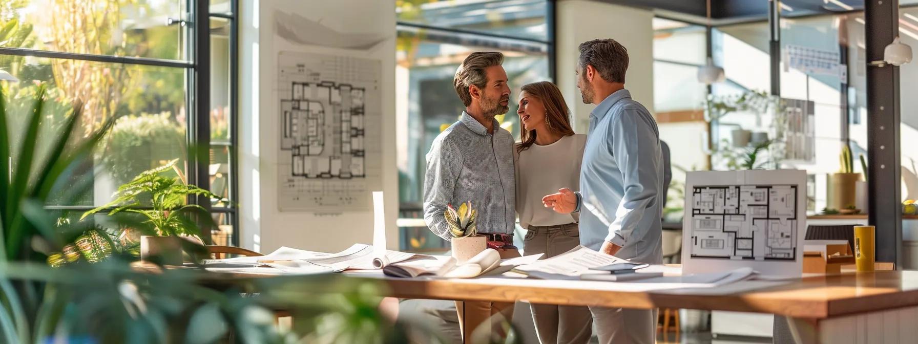 a sophisticated office setting features a well-dressed couple in deep discussion with a confident custom home builder, surrounded by architectural blueprints and design samples illustrating their vision for a sustainable home in nebraska.
