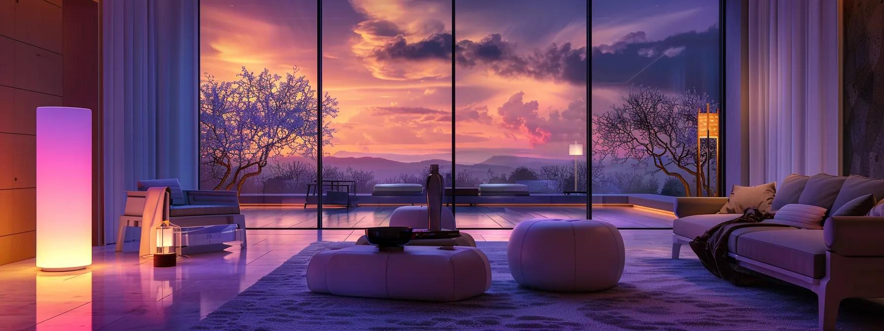 a sophisticated room showcasing sleek, eco-friendly furniture and smart home technology, illuminated by warm, ambient lighting to emphasize comfort and sustainability.