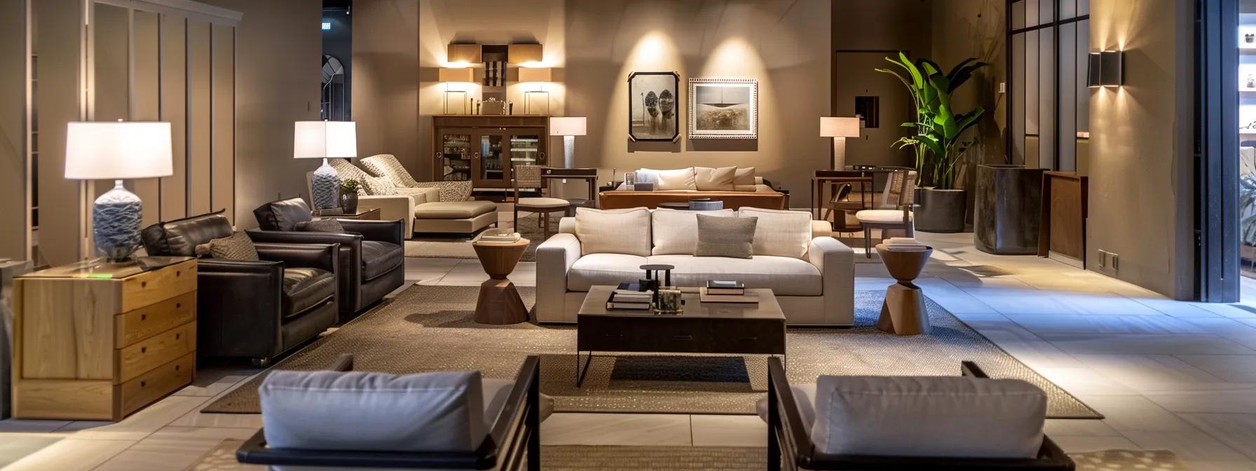 a sophisticated showroom displays basilica furniture's handcrafted pieces, featuring sleek lines and neutral tones that evoke modern southern elegance, set against a minimalist backdrop of soft, ambient lighting.