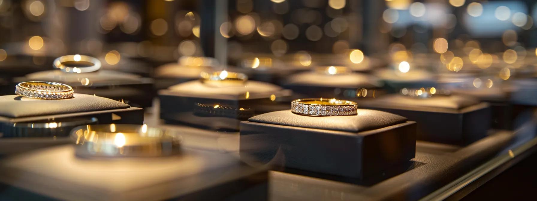a sophisticated urban jewelry showroom showcases an array of unique men's wedding bands crafted from diverse modern materials, illuminated by sleek overhead lights that enhance their striking designs. a sophisticated urban jewelry showroom showcases an array of unique men's wedding bands crafted from diverse modern materials, illuminated by sleek overhead lights that enhance their striking designs.