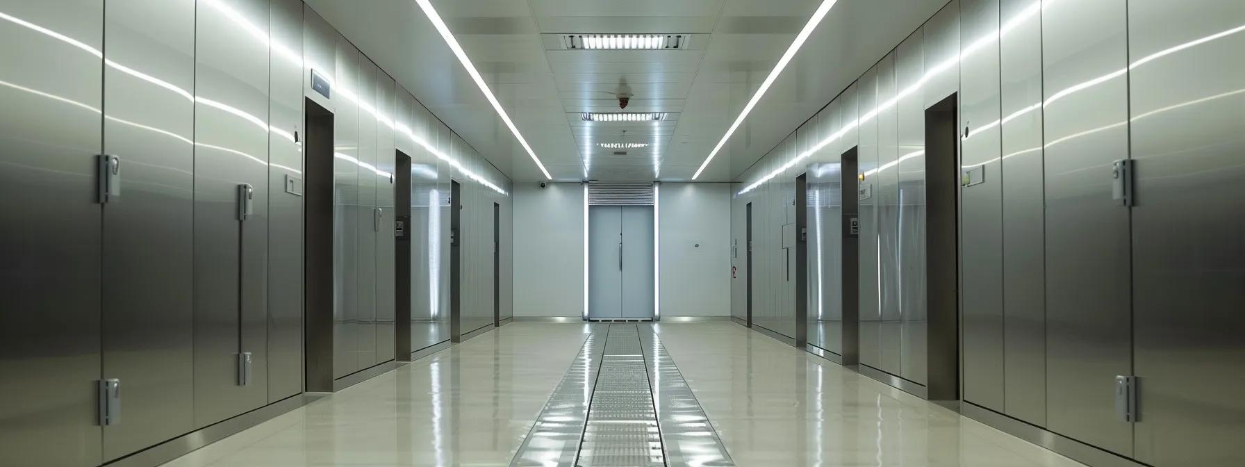 a spacious, ultra-modern walk-in morgue freezer, lined with high-capacity stainless steel shelves meticulously arranged for optimal specimen storage under crisp led lighting, showcasing advanced digital control panels and robust insulation designed for precise temperature regulation from -10 °c to -40 °c. a spacious, ultra-modern walk-in morgue freezer, lined with high-capacity stainless steel shelves meticulously arranged for optimal specimen storage under crisp led lighting, showcasing advanced digital control panels and robust insulation designed for precise temperature regulation from -10 °c to -40 °c.