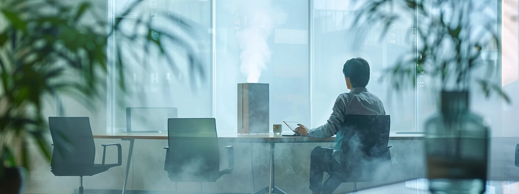 a stark, clinical office environment shows a concerned individual seated at a sleek conference table, surrounded by visible air quality monitoring devices and a digital display illustrating alarming mold spore count, capturing the serious health implications of indoor mold infestations. a stark, clinical office environment shows a concerned individual seated at a sleek conference table, surrounded by visible air quality monitoring devices and a digital display illustrating alarming mold spore count, capturing the serious health implications of indoor mold infestations.