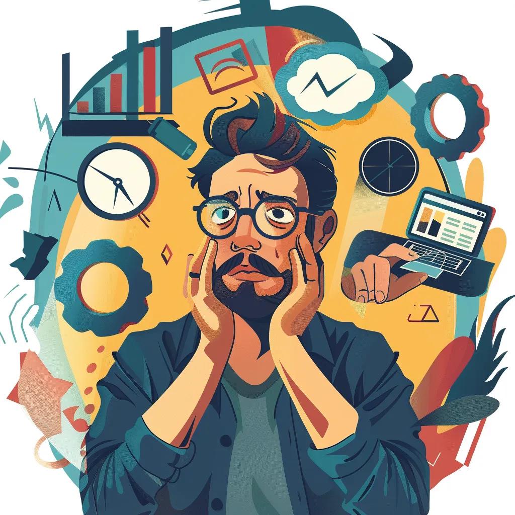 Startup founder overwhelmed by multiple tasks, representing challenges in digital marketing