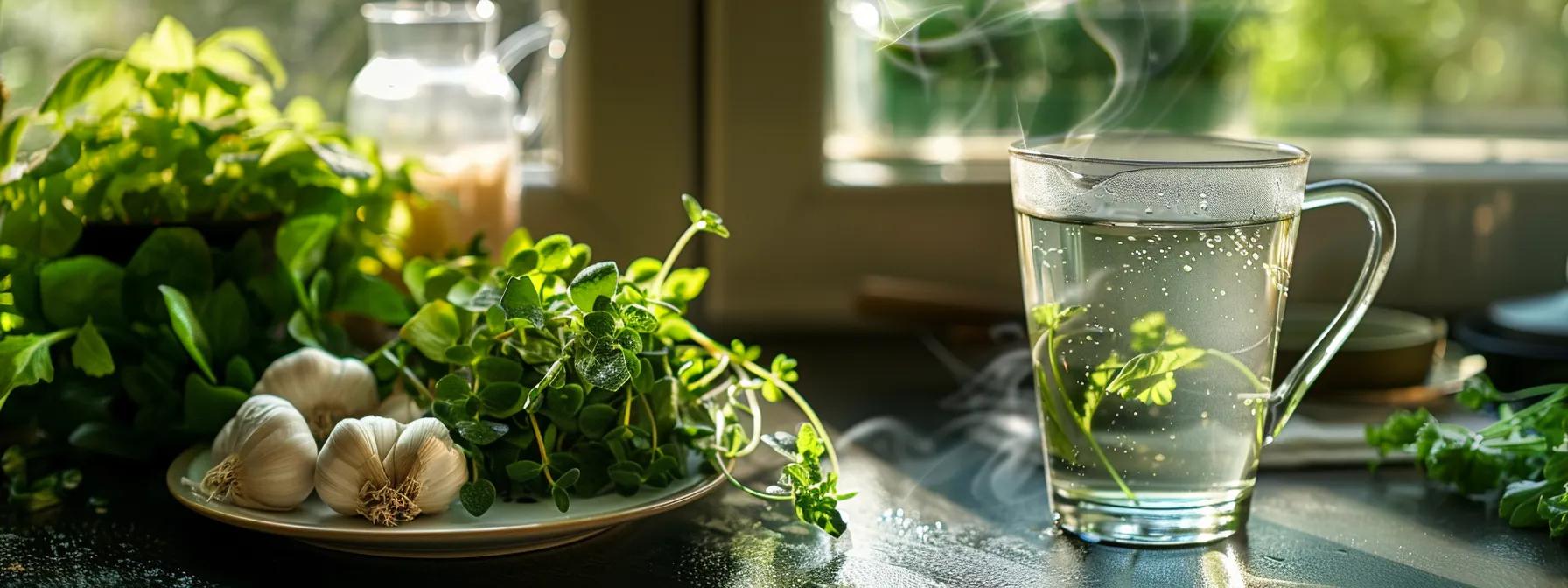 a steaming cup of herbal tea sits beside a glistening glass of water, surrounded by vibrant winter greens and a hint of garlic, evoking a warm and nurturing atmosphere for vocal care. a steaming cup of herbal tea sits beside a glistening glass of water, surrounded by vibrant winter greens and a hint of garlic, evoking a warm and nurturing atmosphere for vocal care.