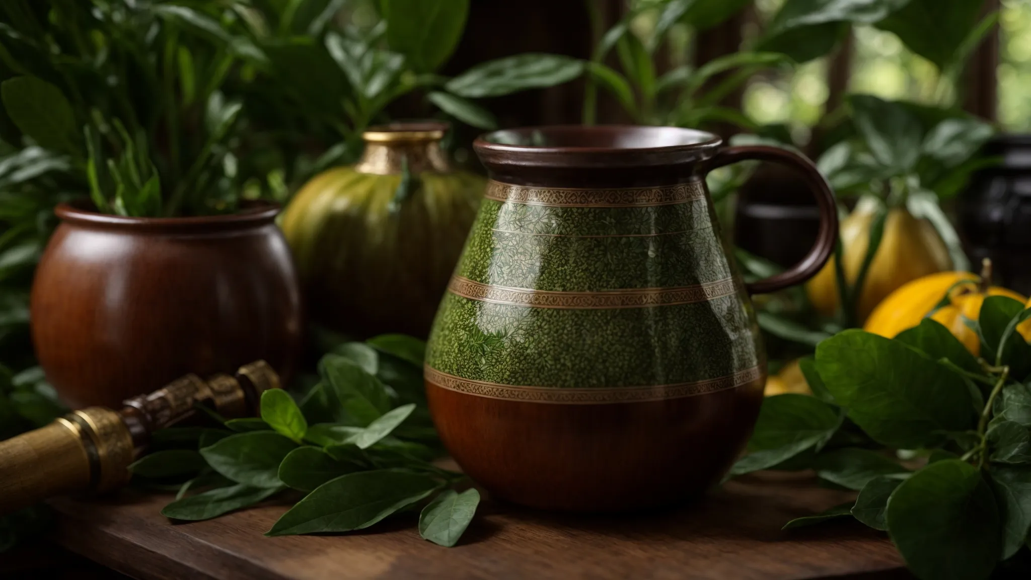 a steaming cup of yerba mate, elegantly surrounded by fresh green leaves and artisan gourd accessories, captures the essence of traditional south american culture and energizing wellness.