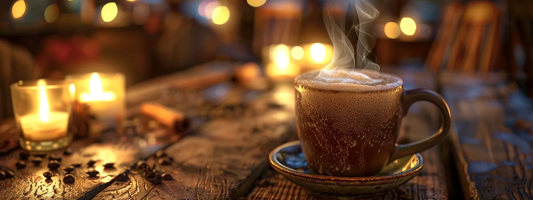 a steaming mug of rich, frothy mushroom hot cocoa sits on a rustic wooden table, surrounded by warm candlelight, evoking a cozy atmosphere that radiates comfort and nostalgia.