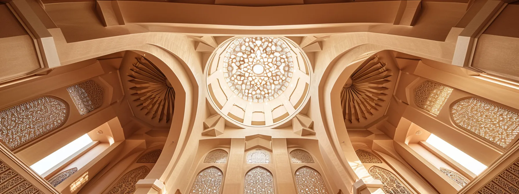 a striking architectural interior featuring elegantly symmetrical islamic design elements, with intricate patterns and balanced structures that showcase the harmony between aesthetic appeal and functional space. a striking architectural interior featuring elegantly symmetrical islamic design elements, with intricate patterns and balanced structures that showcase the harmony between aesthetic appeal and functional space.