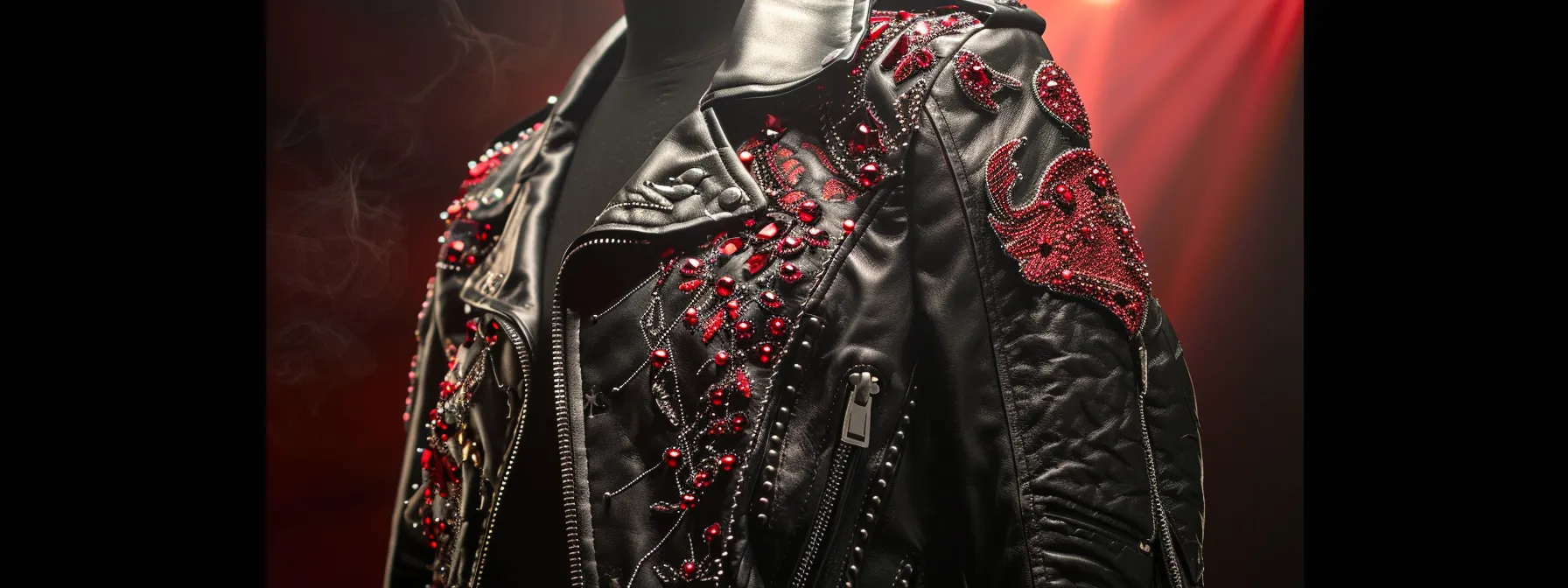 a striking black leather jacket with intricate red and silver embellishments hanging on a mannequin, embodying the bold and edgy essence of vengeance clothing. a striking black leather jacket with intricate red and silver embellishments hanging on a mannequin, embodying the bold and edgy essence of vengeance clothing.