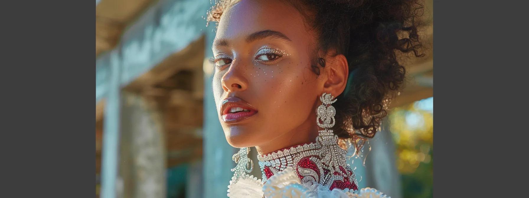 a striking bridal portrait captures a model adorned with oversized, avant-garde statement jewelry, showcasing a dramatic choker and elaborate earrings, set against a contemporary urban backdrop that emphasizes modern elegance and bold self-expression. a striking bridal portrait captures a model adorned with oversized, avant-garde statement jewelry, showcasing a dramatic choker and elaborate earrings, set against a contemporary urban backdrop that emphasizes modern elegance and bold self-expression.