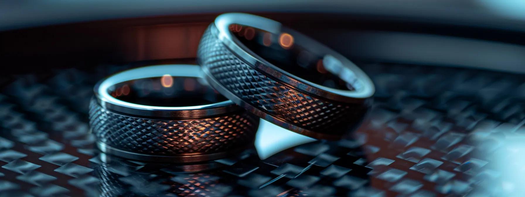 a striking close-up of sleek, matte carbon fiber wedding bands elegantly displayed on a modern black glass surface, highlighting their contemporary designs and robust texture under soft, focused lighting. a striking close-up of sleek, matte carbon fiber wedding bands elegantly displayed on a modern black glass surface, highlighting their contemporary designs and robust texture under soft, focused lighting.