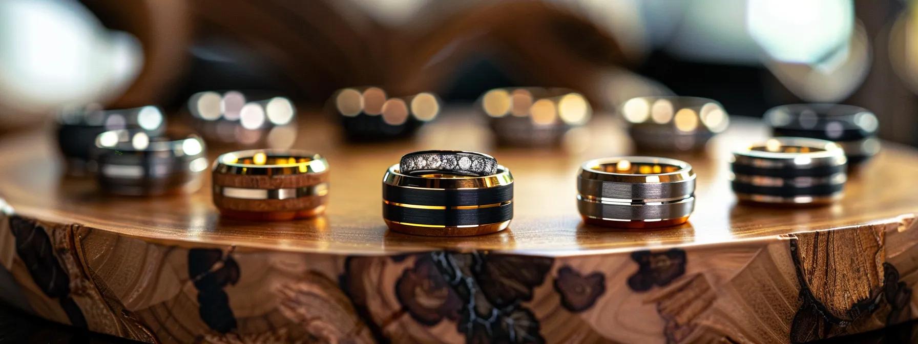 a striking close-up of a modern men's wedding band collection displayed on a sleek, polished wooden surface, showcasing a variety of materials such as exotic wood, meteorite fragments, carbon fiber, and ceramic, each reflecting a unique blend of contemporary design and timeless elegance. a striking close-up of a modern men's wedding band collection displayed on a sleek, polished wooden surface, showcasing a variety of materials such as exotic wood, meteorite fragments, carbon fiber, and ceramic, each reflecting a unique blend of contemporary design and timeless elegance.