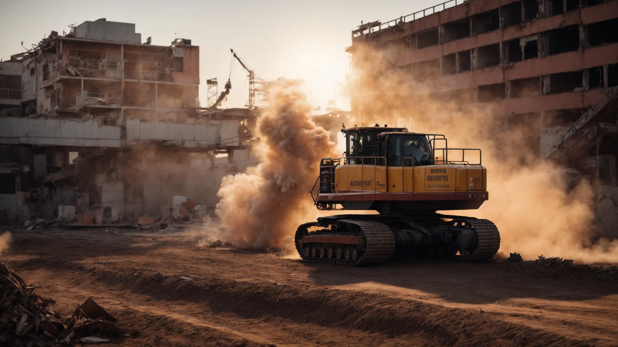 a striking close-up of a bold demolition advertisement featuring powerful visuals of machinery in action, with dynamic colors and an impactful call to action, set against an urban backdrop at sunset.