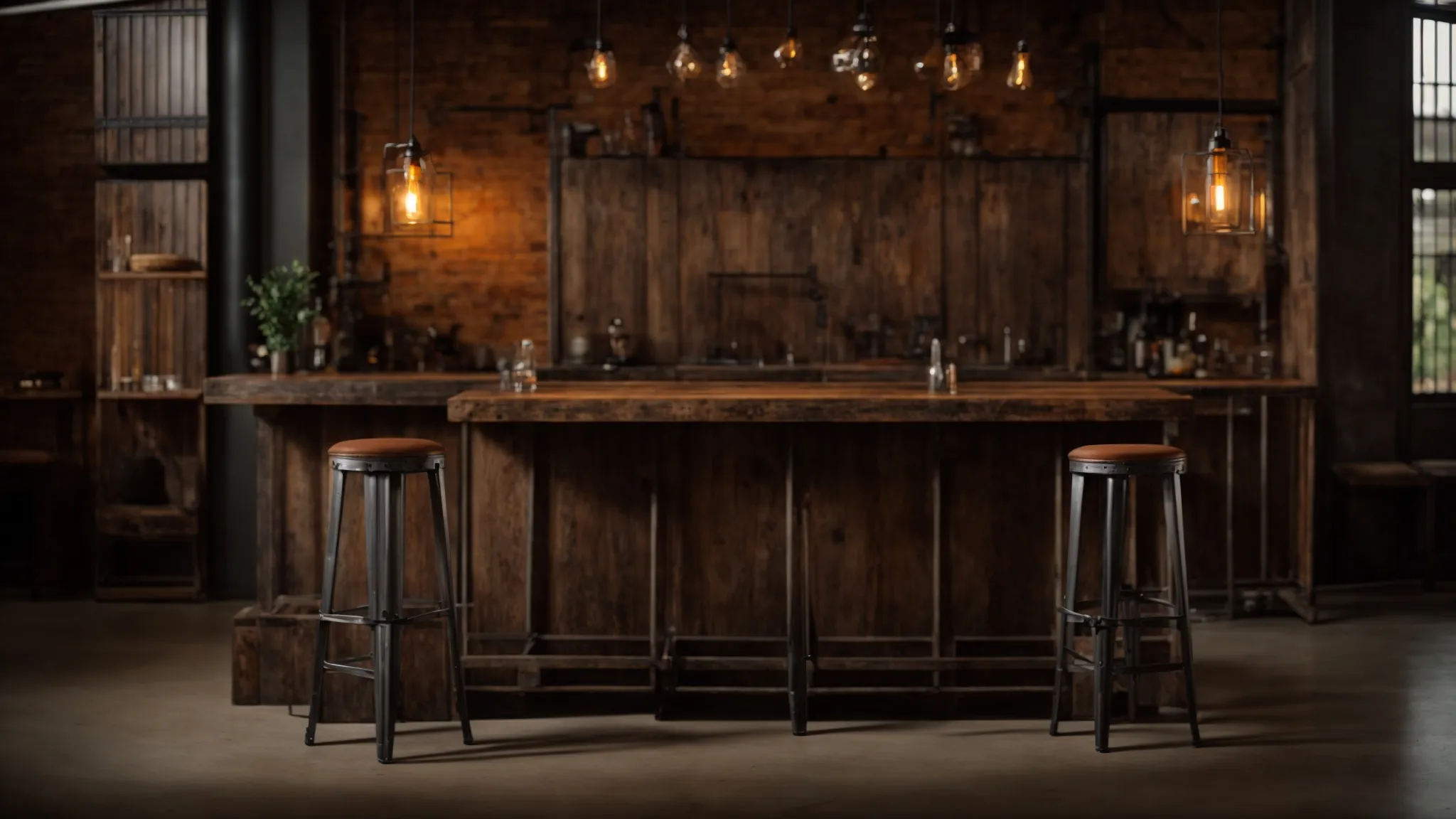 a striking composition featuring a pair of handmade industrial bar stools crafted from reclaimed wood and metal, set against the backdrop of a vintage french safe with rich, weathered patinas, illuminated by warm, diffused lighting for an inviting atmosphere.