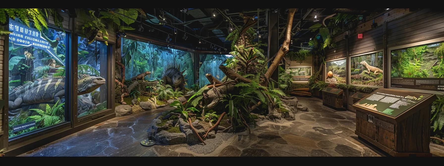 a striking indoor conservation initiative displays a lifelike, carefully curated exhibit of endangered iguana species, featuring informative panels and vibrant images that highlight their habitats and the urgent conservation efforts needed to protect them. a striking indoor conservation initiative displays a lifelike, carefully curated exhibit of endangered iguana species, featuring informative panels and vibrant images that highlight their habitats and the urgent conservation efforts needed to protect them.