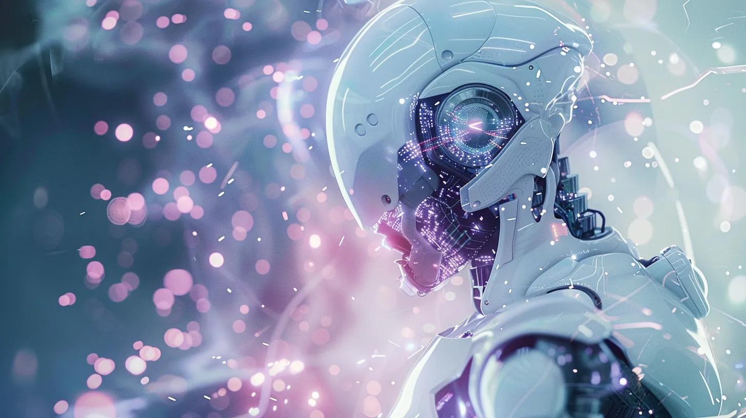 a striking, ultra-realistic portrayal of a sleek ai robot surrounded by a futuristic digital landscape, symbolizing the critical intersection of technology and health care, with swirling data streams and cosmic vistas in a harmonious white, teal, and purple color scheme.