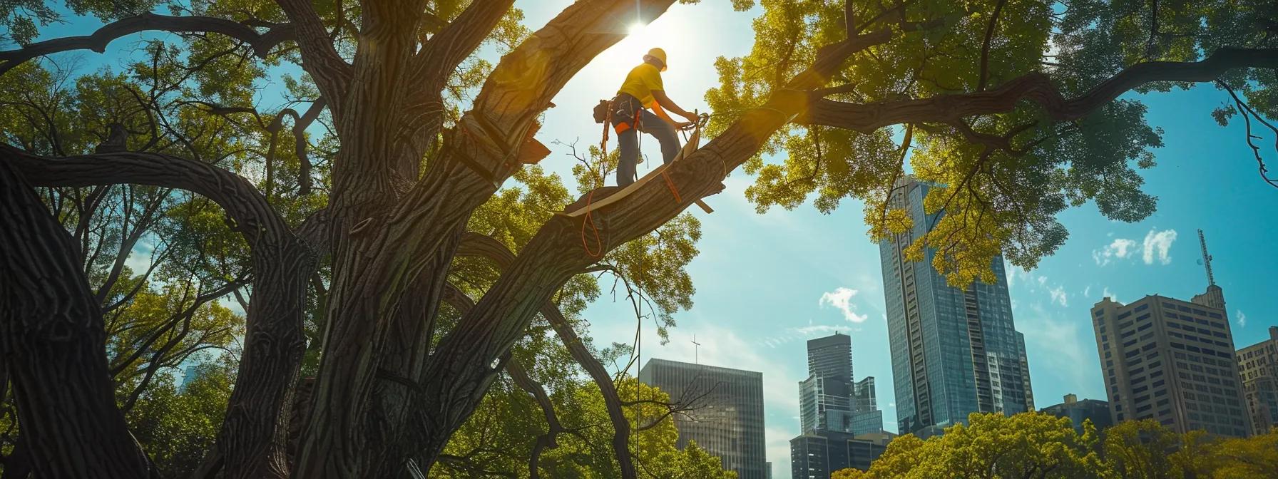 a striking urban tree care scene showcases a professional arborist expertly pruning a tall, mature tree in a bustling city park, emphasizing the importance of disease and pest management amidst the vibrant skyline backdrop. a striking urban tree care scene showcases a professional arborist expertly pruning a tall, mature tree in a bustling city park, emphasizing the importance of disease and pest management amidst the vibrant skyline backdrop.
