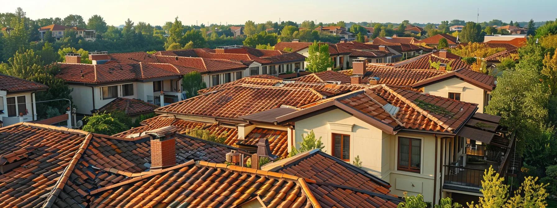 a striking view of a modern residential neighborhood in saint louis featuring elegantly styled clay tile roofs glistening under the midday sun, showcasing both their aesthetic appeal and varying conditions that highlight their maintenance challenges.