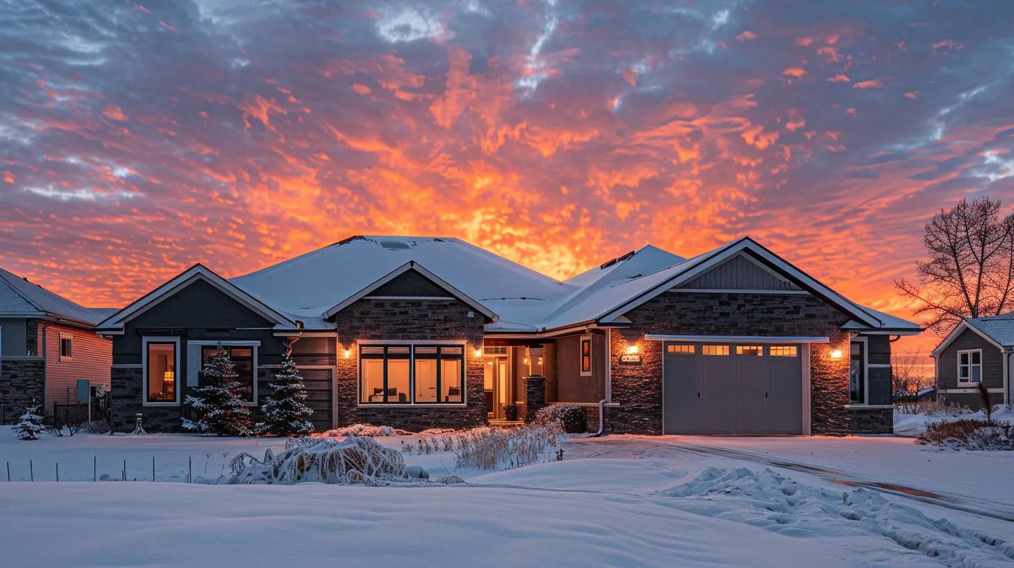 Strong custom home in Fargo, ND, surrounded by snow, showcasing durable materials and energy-efficient design against a vibrant sunset backdrop.