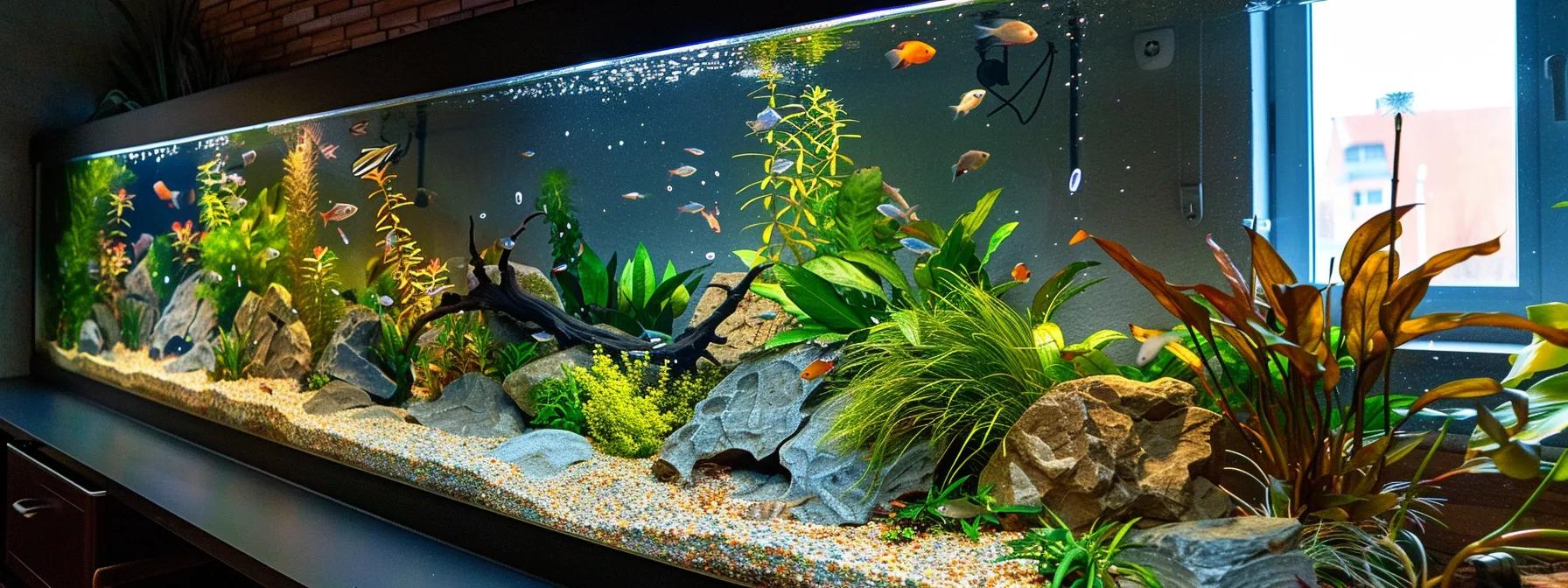 a stunning 40-gallon fish tank, brilliantly illuminated by customizable led lighting, showcases vibrant aquatic life amidst a backdrop of decorative rocks and plants, with an integrated filtration system and air pump creating an engaging display of bubbles, all set in a sleek modern home office environment.