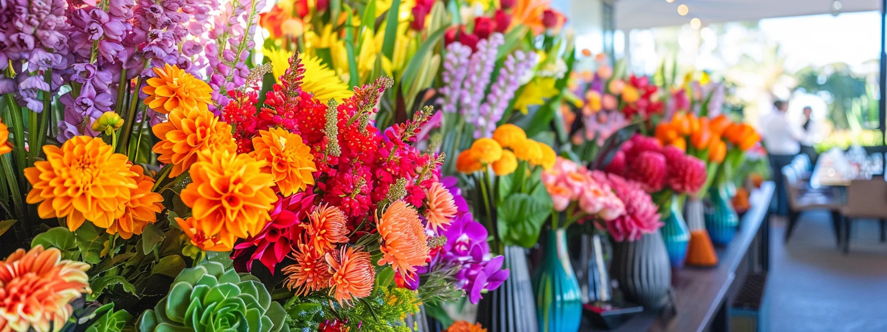 a stunning array of vibrant, locally-grown flowers arranged elegantly at a corporate event venue on the sunshine coast. a stunning array of vibrant, locally-grown flowers arranged elegantly at a corporate event venue on the sunshine coast.