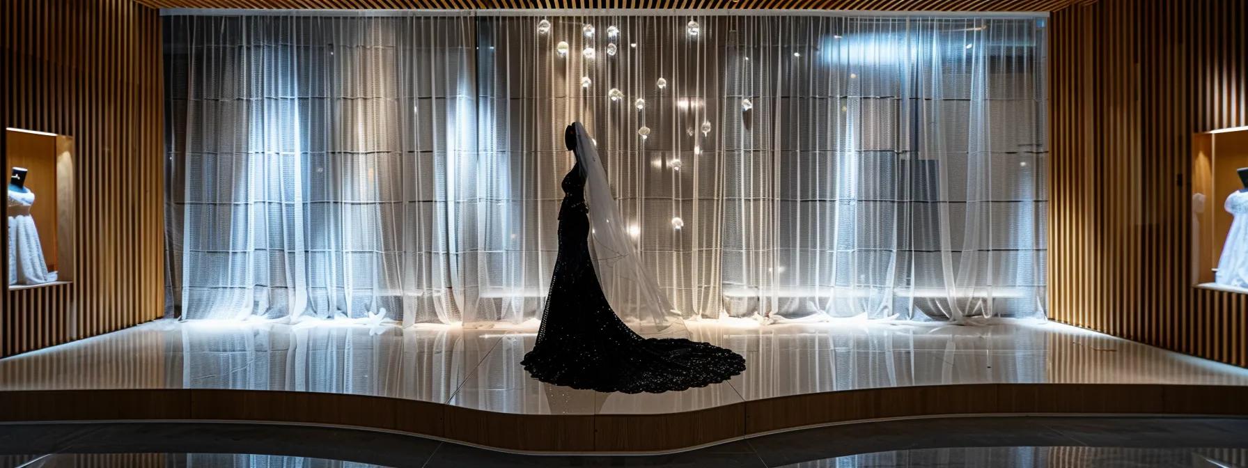 a stunning bridal display showcases a luxurious silk gown paired with an ethereal lace veil, elegantly illuminated in a chic, modern boutique setting that emphasizes the harmonious interplay of fabrics and their exquisite textures. a stunning bridal display showcases a luxurious silk gown paired with an ethereal lace veil, elegantly illuminated in a chic, modern boutique setting that emphasizes the harmonious interplay of fabrics and their exquisite textures.