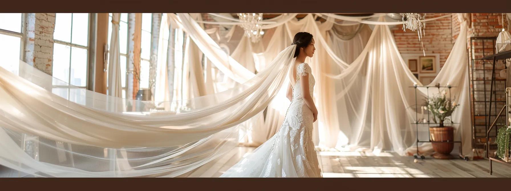 a stunning bride stands in an elegantly styled bridal boutique, gracefully adorned in a classic gown, as a dramatic cathedral-length veil cascades behind her, capturing the essence of romance and tradition amidst chic, minimalist decor. a stunning bride stands in an elegantly styled bridal boutique, gracefully adorned in a classic gown, as a dramatic cathedral-length veil cascades behind her, capturing the essence of romance and tradition amidst chic, minimalist decor.