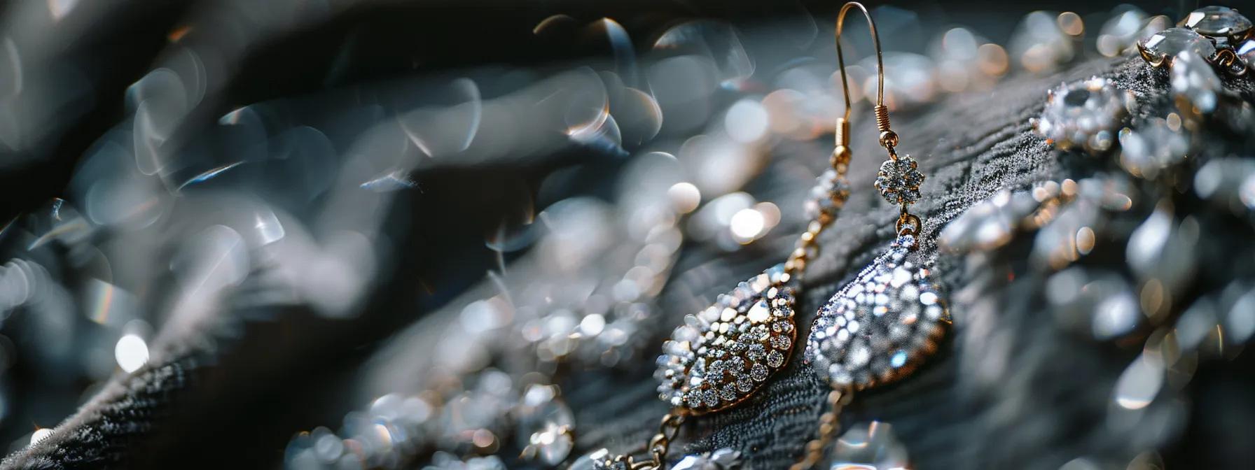 a stunning close-up of elegant bridal earrings displayed on a minimalistic velvet backdrop, showcasing their intricate designs and shimmering details that embody sophistication and subtle luxury, perfect for enhancing wedding attire. a stunning close-up of elegant bridal earrings displayed on a minimalistic velvet backdrop, showcasing their intricate designs and shimmering details that embody sophistication and subtle luxury, perfect for enhancing wedding attire.